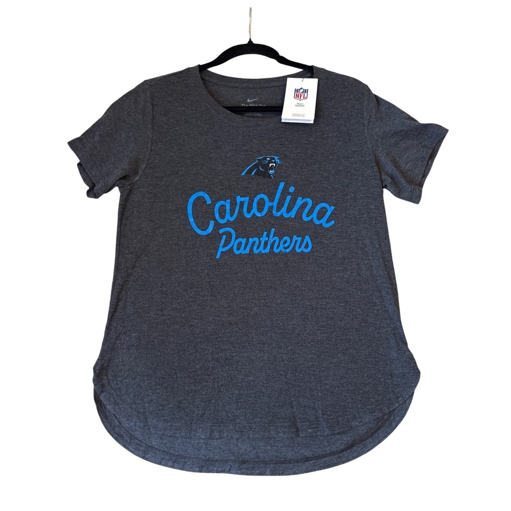 Nike Carolina Panthers T-Shirt Women Dark Gray Graphic Curved Hem SIZE Medium